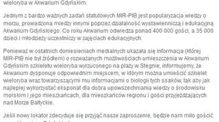 Oświadczenie Akwarium Gdyńskiego w sprawie ewentualnego przyjęcia szkieletu walenia 