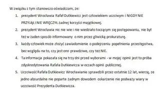 Oświadczenie dyrektora departamentu prezydenta Dutkiewicza