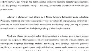 Oświadczenie firmy TM-VIA w sprawie oznaczenia trasy nocnego półmaratonu