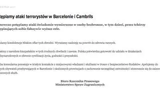 Oświadczenie MSZ:  Potępiamy ataki terrorystów w Barcelonie i Cambrils