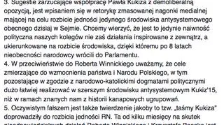 Oświadczenie narodowców opublikowane na Facebooku przez posła Tomasza Rzymkowskiego