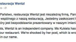 Oświadczenie Restauracji Wentzl na Facebooku