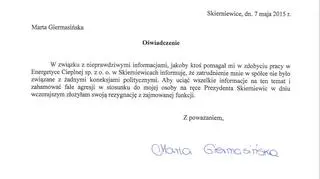 Oświadczenie wiceprezes o zrzeknięciu się funkcji 