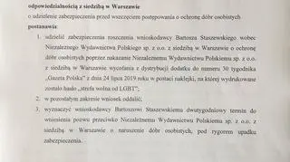 Pierwsza strona postanowienia sądu w sprawie nalepek "Strefa wolna od LGBT"
