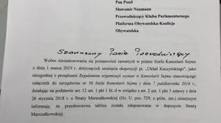 Pismo komendanta Straży Marszałkowskiej 