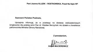 Pismo MON: Berczyński nie działał w charakterze pełnomocnika ministerstwa obrony narodowej