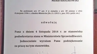 Pismo premier Ewy Kopacz odwołujące Michała Królikowskiego ze stanowiska wiceministra sprawiedliwości