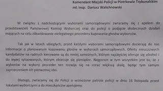 Pismo z wnioskiem o dodatkowe patrole policji w czasie wyborów