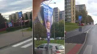 Plakaty Pawła Szopy na znakach drogowych w Będzinie