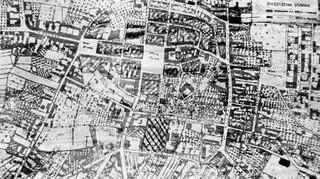 Plan miasta Wielunia ilustrujący zniszczenia wojenne miasta we wrześniu 1939 roku uwzględniający położenie Szpitala Wszystkich Świętych