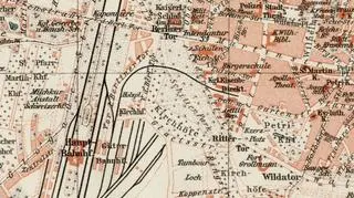 Plan Poznania z 1907 r., na którym zaznaczony jest dawny cmentarz przy dworcu