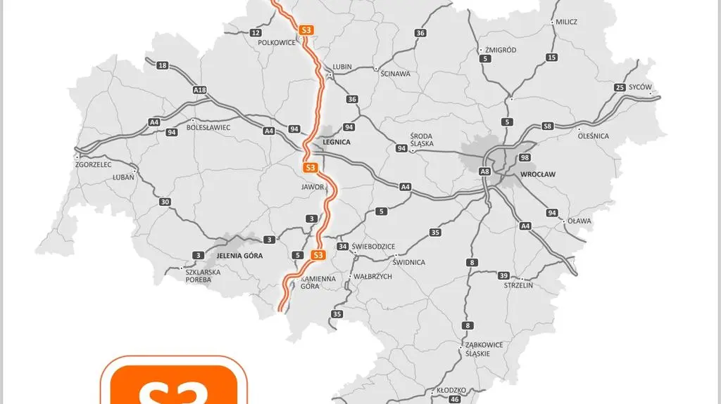 Plan trasy S3 na Dolnym Śląsku 