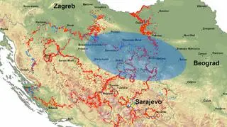 Pola minowe i przybliżone granice obszaru znajdującego się obecnie pod wodą w Bośni i Hercegowinie, Serbii i Chorwacji