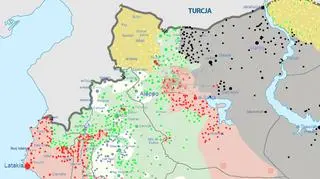 Północno-zachodnia Syria. Terytoria kontrolowane przez: opozycję zaznaczone na zielono, rząd - czerwono, IS - czarno, Kurdów - żółto, al-Nusrę - biało