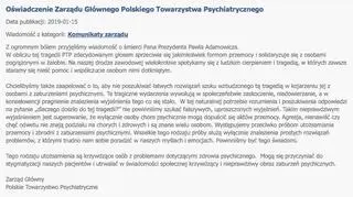 Polskie Towarzystwo Psychiatryczne wydało oświadczenie w sprawie zabójcy prezydenta Gdańska