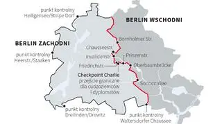Przebieg Muru Berlińskiego dzielącego miasto na Berlin Zachodni i Berlin Wschodni