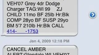 Przykładowy alert wysłany sms-em w stanie Winscon w USA