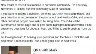 "Q&A with Mark" post promujący wydarzenie