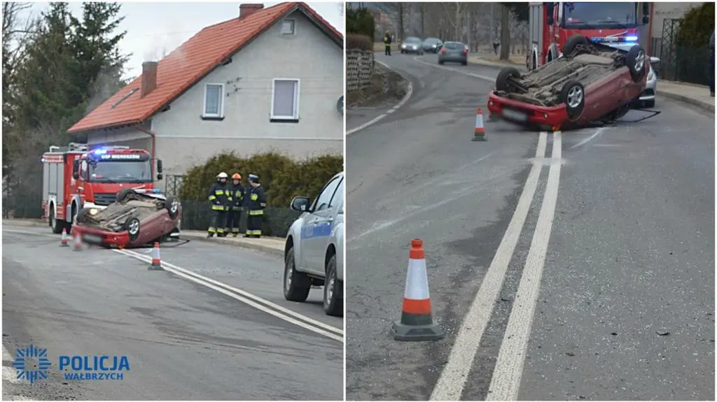 Samochód dachował na środku drogi