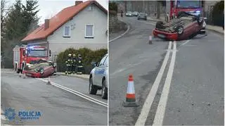 Samochód dachował na środku drogi