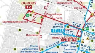 Schemat komunikacji miejskiej na Jeżycach