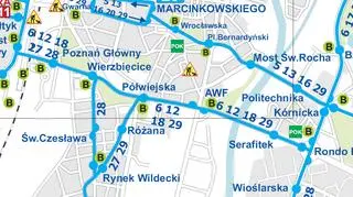 Schemat komunikacji miejskiej w rejonie ul. Strzeleckiej