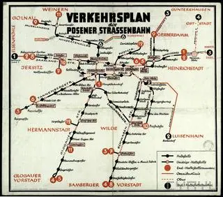 Schemat linii tramwajowych, autobusowych i trolejbusowych oraz omnibusów w Poznaniu w czasie okupacji hitlerowskiej