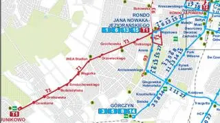 Schemat linii tramwajowych na Grunwaldzie na czas remontu