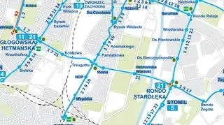Schemat tras tramwajowych w rejonie ronda Starołęka