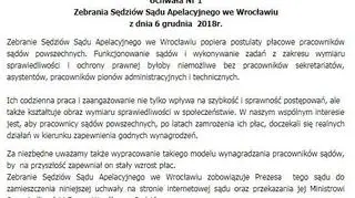 Sędziowie Sądu Apelacyjnego we Wrocławiu popierają postulaty pracowników sądów 