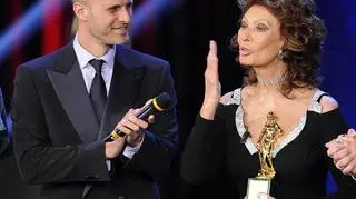 Sophia Loren z synem Edoardo Pontim ze statuetką Donatello