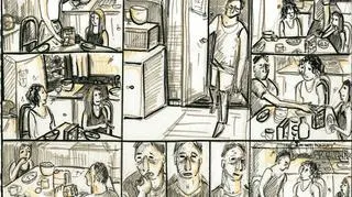 Storyboard pokazuje scenę, gdy Marysia pierwszy zauważa dziwne zachowanie ojca