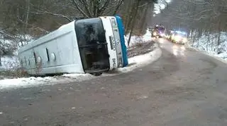 Strażacy próbują wyciągnąć autobus z rowu