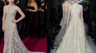 Suknia Alexandra McQueena, którą miała na sobie Amanda Seyfried, zdaniem Anne Hathaway była łudząco podobna do tej Valentino (po prawej), którą planowała założyć na Oscary