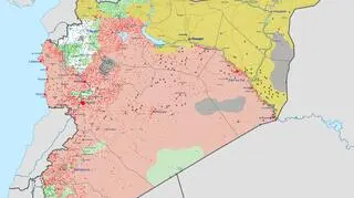 Sytuacja w Syrii. Żółta enklawa w lewym górnym rogu to Afrin. Od pozostałych terenów kontrolowanych przez Kurdów oddziela je zielony obszar zajęty w 2016 roku przez tureckie wojsko