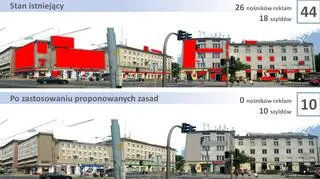 Tak wygląda skrzyżowanie Miszewskiego z Grunwaldzką w Gdańsku z reklamami i bez nich 