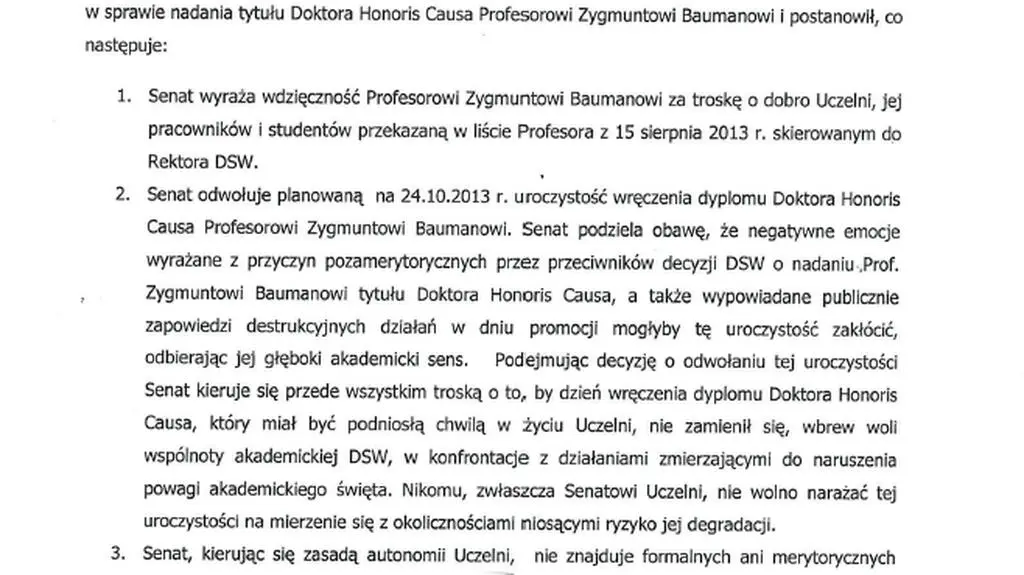 Uchwała senatu w sprawie prof. Baumana