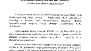 Uchwała w sprawie odwołania Ryszarda Proksy z funkcji przewodniczącego KSOiW NSZZ "Solidarność"