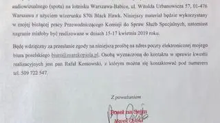Ujawniony przez policję fragment prośby posła PiS Marka Opioły w sprawie helikoptera Black Hawk