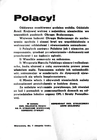 Ulotka dowództwa Armi Krajowej zawiadamiająca o rozpoczęciu powstania