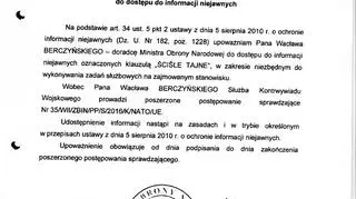 Upoważnienie ministra obrony narodowej do dostępu do informacji niejawnych przez Berczyńskiego