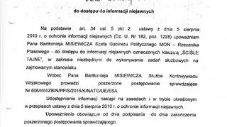 Upoważnienie ministra obrony narodowej do dostępu do informacji niejawnych przez Misiewicza