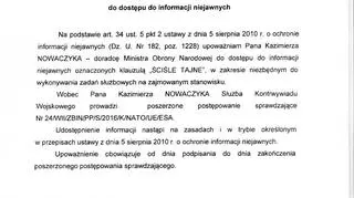 Upoważnienie ministra obrony narodowej do dostępu do informacji niejawnych przez Nowaczyka