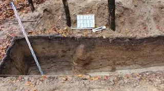 W środku nieruszony kamień obstawy, na prawo od niego, warstwy spływowe powstałe przez rozmywanie nasypu przez tysiące lat