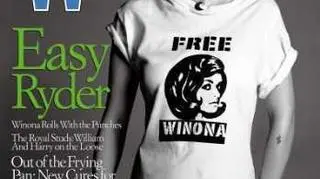 Winona Ryder na okładce magazynu "W" w czerwcu 2002 roku w koszulce na swoją cześć "Free Winona"