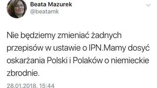 Wpis społecznościowy Beaty Mazurek o ustawie o IPN