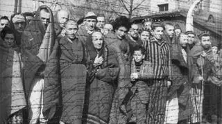 Wyzwoleni więźniowie obok wartowni (Blockführerstube) przy bramie do obozu macierzystego 