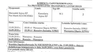 Zapotrzebowanie na lot z udziałem syna marszałka Marka Kuchcińskiego