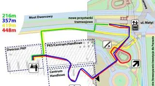 Zielonym kolorem zaznaczono drogę przez proponowaną "zebrę" na jezdni