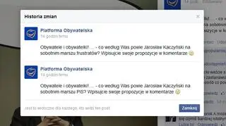 Zmiana podpisu pod zdjęciem Platformy Obywatelskiej na Facebooku